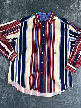 Tommy Hilfiger Mens Multicolor Striped Long Sleeve Button-Up Shirt M